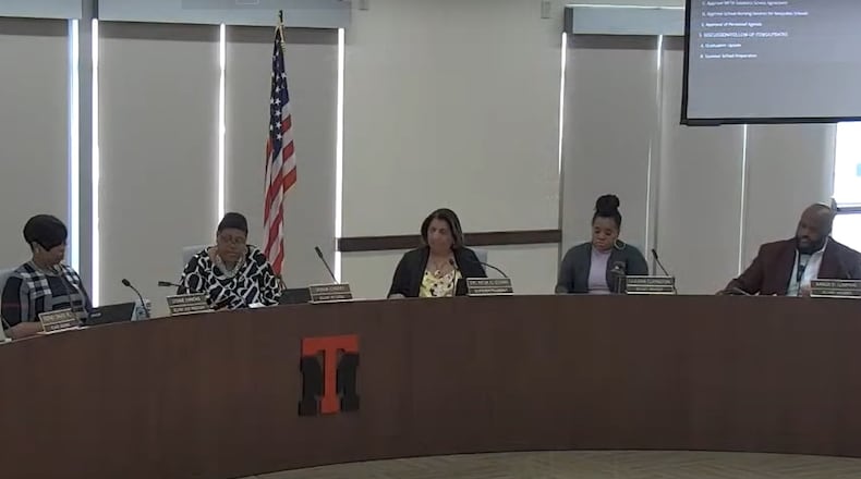 The Trotwood Madison School Board during a meeting May 2. Courtesy of Trotwood Schools.