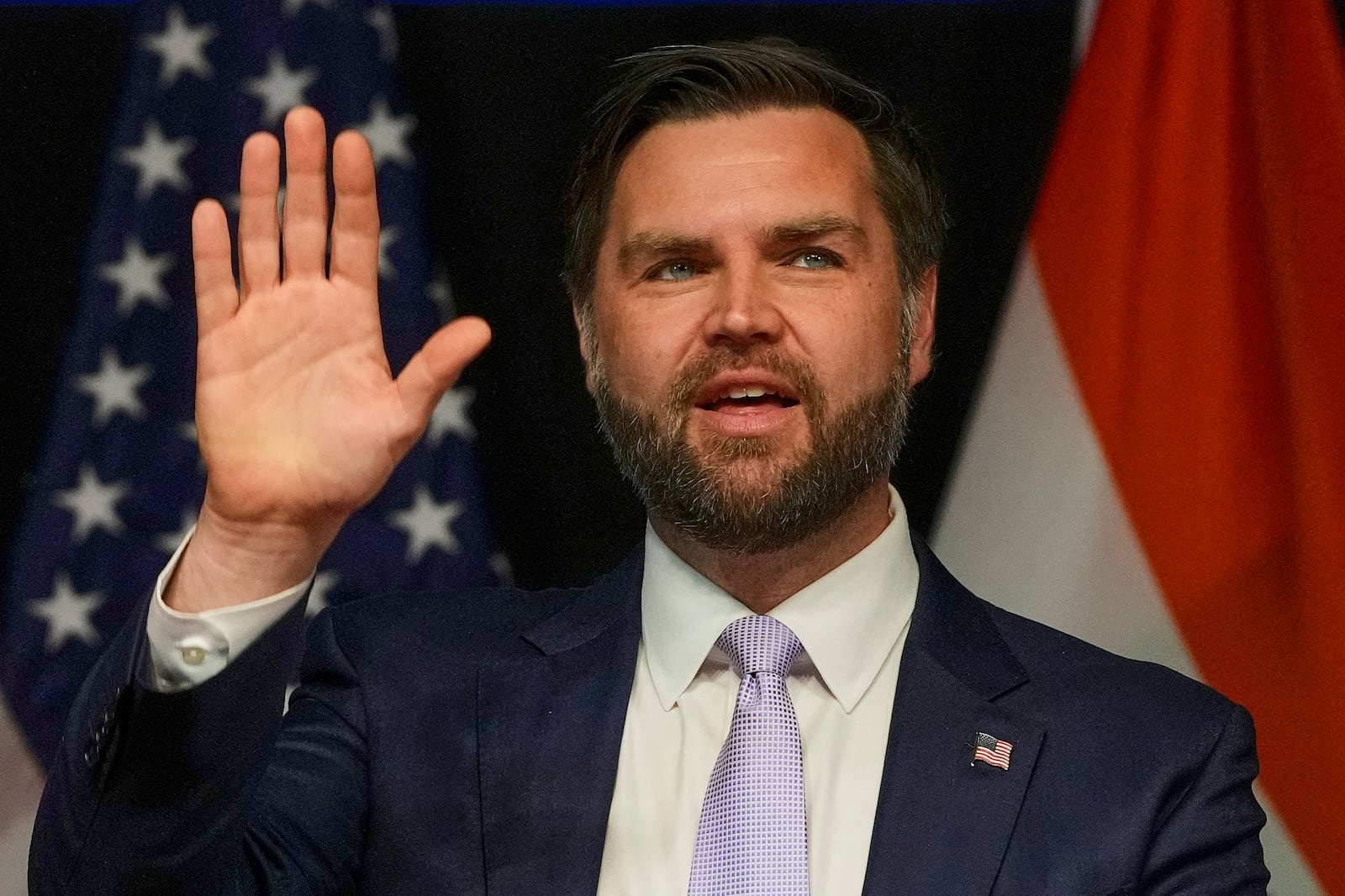 U.S. Vice President JD Vance waves after his speech at the Rajasthan International Center in Jaipur, India, Tuesday, April 22, 2025. (AP Photo/Manish Swarup)
