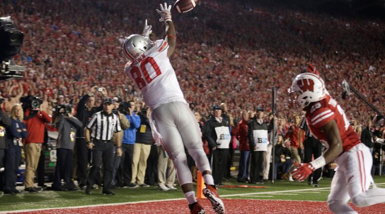 Former Ohio State wide receiver Noah Brown makes the catch in the end zone for a touchdown during overtime against at Wisconsin's Camp Randall Stadium on October 15, 2016. Brown on Thursday night became the first member of Ohio State's 2017 draft class to play in a preseason game.