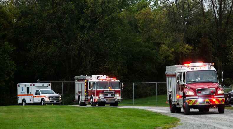 First responders arrive on scene at a simulated C-17 aircraft crash as part of a base exercise, at Wright-Patterson Air Force Base, Ohio. Readiness exercises are routinely held to streamline unit cohesion when responding to emergencies. (U.S. Air Force photo by Wesley Farnsworth)
