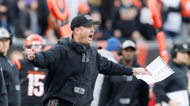 Cincinnati Bengals head coach Zac Taylor protests after an incomplete pass attempt to wide receiver Tee Higgins (5) during overtime of an NFL football game against the Minnesota Vikings Saturday, Dec. 16, 2023, in Cincinnati. (AP Photo/Jay LaPrete)
