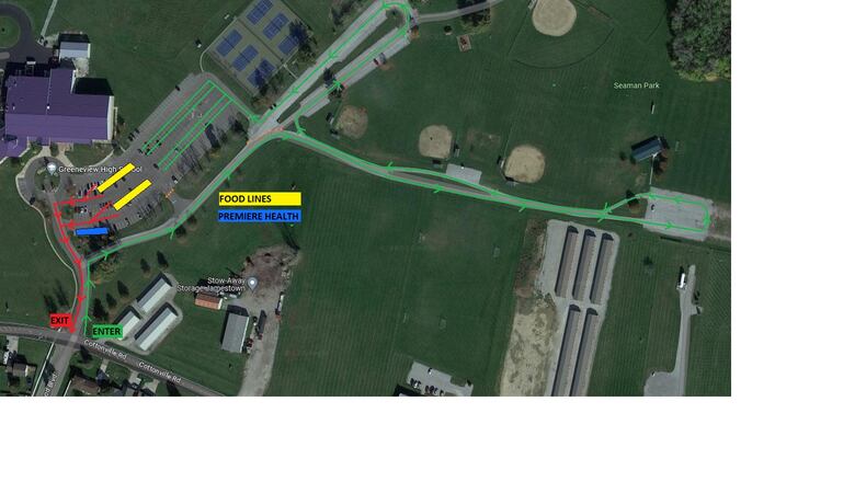 A map of Greenview High School located at
4710 Cottonville Rdad in Jamestown where the Dayton Foodbank, Inc.'s bonus food distribution will take place.
