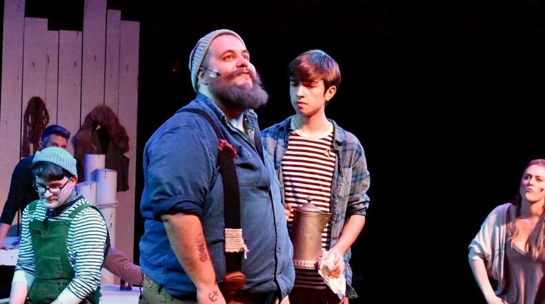 (L to R): Garrett Young (Storyteller), Skyler McNeely (Doggy), Ben Locke (Charlie) and Allie Haines (Storyteller) in TheatreLab Dayton's (formerly Dare to Defy Productions) Jan. 20-22, 2022, production of "Charlie and Doggy and the Song at the Edge of the World." The production was a 2021 recipient of a Special Projects Grant from the Montgomery County Arts and Cultural District and Culture Works. (PHOTO BY THEATRELAB DAYTON)