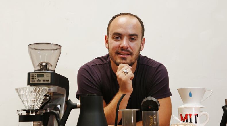 Jeremy Kuempel, CEO of Blossom Coffee, is photographed with a variety of gadgets used to brew the perfect cup of coffee at his shop on Wednesday, Aug. 16, 2017 in Brisbane, Calif. (Gary Reyes/Bay Area News Group/TNS)