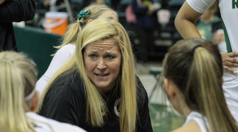 Wright State women's basketball coach Kari Hoffman talks to her team during a timeout in a game vs. Cleveland State. Wright State Athletics photo