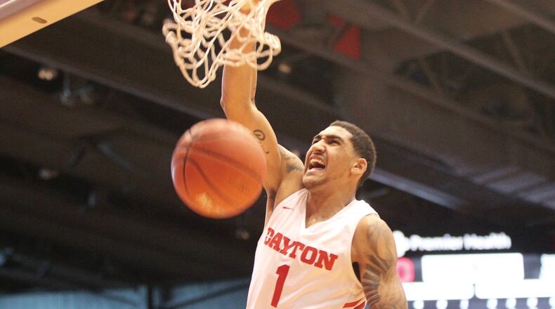 Dayton’s Obi Toppin dunks against Duquesne on Saturday, Feb. 2, 2019, at UD Arena. David Jablonski/Staff