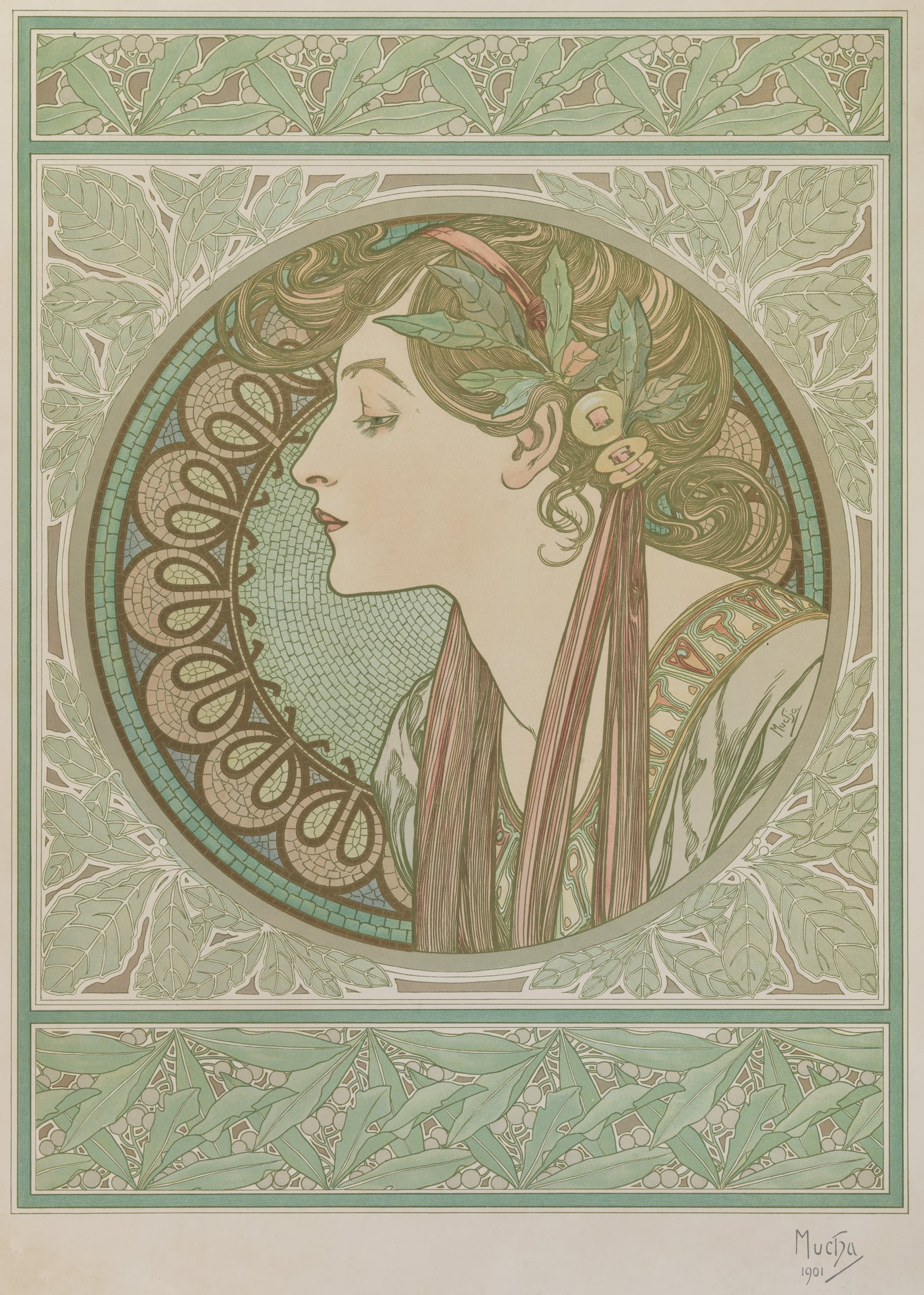 A piece exhibiting at the Dayton Art Institute: Color print depicting a woman in profile personifying a laurel plant. Alphonse Mucha (Czech, 1860-1939); Laurel
1902, Color print. Gift of Walter P. Chrysler, Jr.
copyright The Mucha Foundation/Muchae Limited. CONTRIBUTED