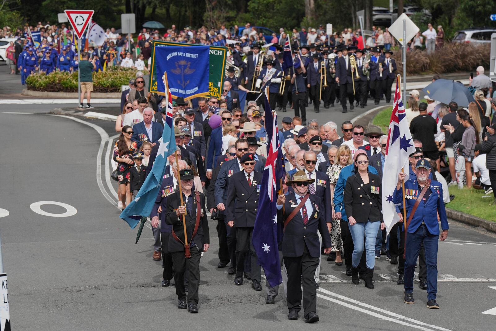Veterans march during the Anzac Day commemorations in Nelson Bay, Australia, Friday, April 25, 2025. (AP Photo/Mark Baker)