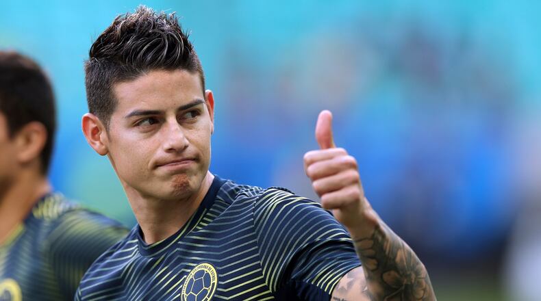 FILE - In this Sunday, June 23, 2019 file photo, Colombia's James Rodriguez gives a thumbs up before a Copa America Group B soccer match against Paraguay at Arena Fonte Nova in Salvador, Brazil. James Rodriguez joined Premier League club Everton on Monday, Sept. 7, 2020 in an attempt to revive a career that faltered at Real Madrid. Signed by the Spanish giants after capturing world football with a stunning goal for Colombia at the 2014 World Cup, Rodriguez couldn’t match those highs in Madrid. (AP Photo/Ricardo Mazalan, file)