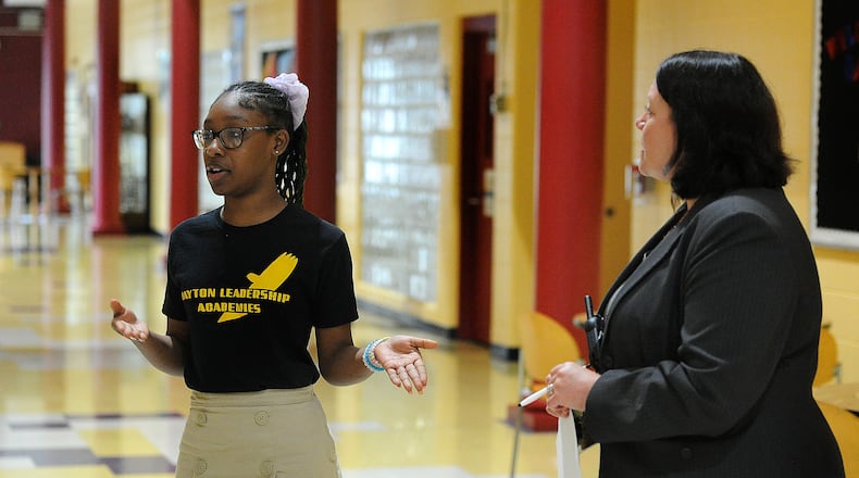 The Dayton Leadership Academy 8th grade student Amyah Owens, with Executive Director, Tess Mitchner Asinjo, talks about what she likes about going to the Academy in 2023. FILE