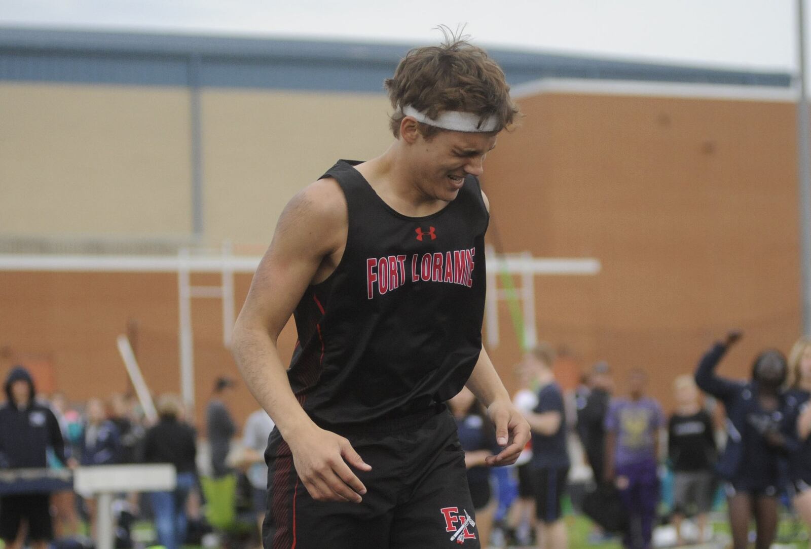 Fort Loramie’s Jarrett Meyer was stunned after recovering from a fall in the 300 hurdles. The Fairmont Firebird track and field invitational was Thursday and Friday at Kettering, May 4-5, 2018. MARC PENDLETON / STAFF