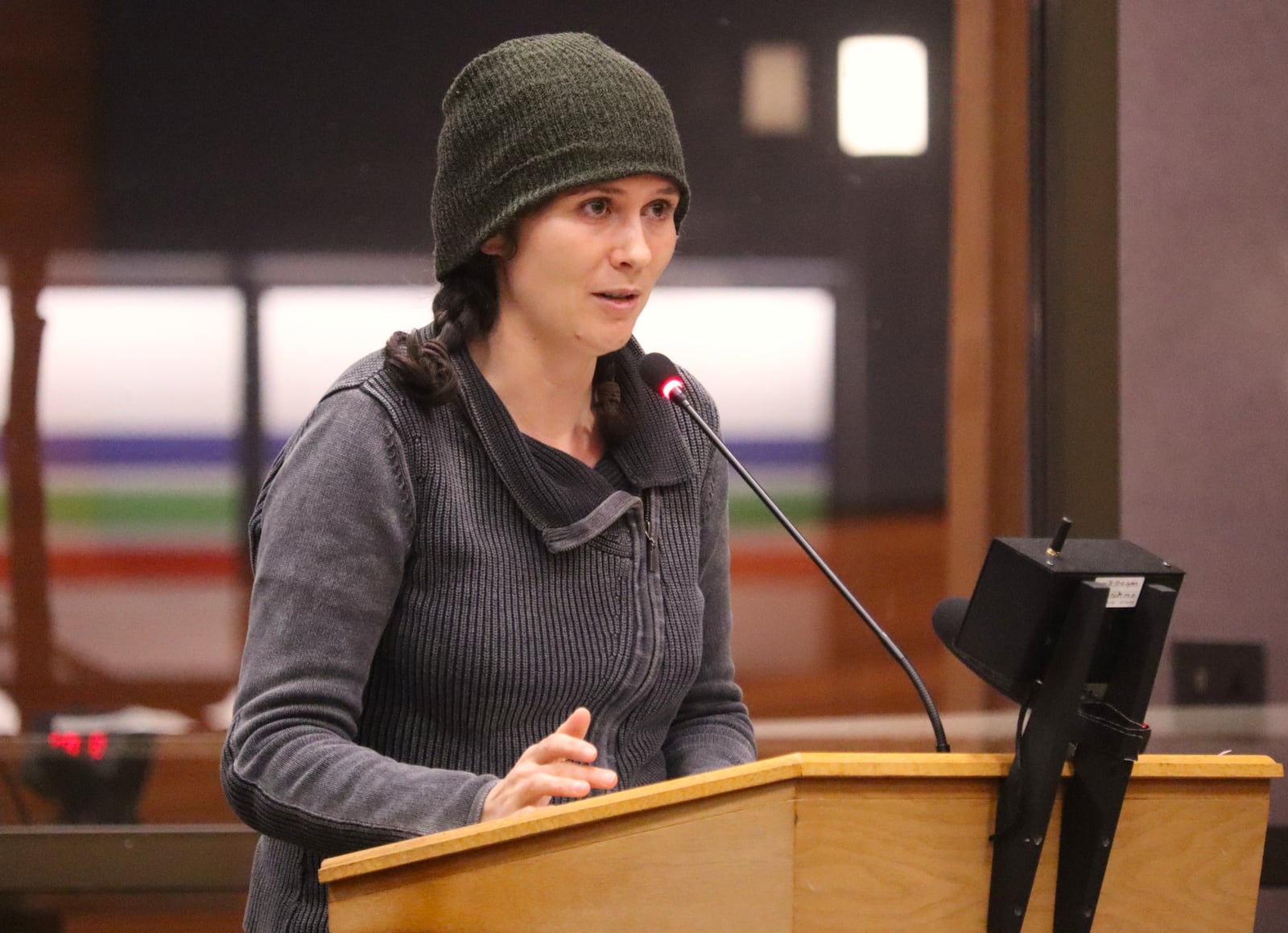 Clark County resident Molly Finch speaks against ICE activities targeting children during a Springfield City Commission meeting Tuesday, Jan. 27, 2026. JESSICA OROZCO/STAFF