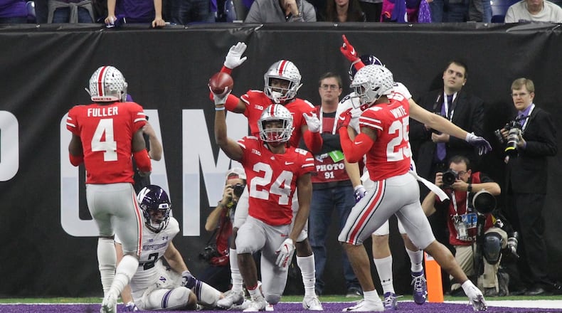 Ohio State’s Shaun Wade celebrates after an interception against Northwestern in the Big Ten Championship on Saturday, Dec. 1, 2018, at Lucas Oil Stadium in Indianapolis. David Jablonski/Staff