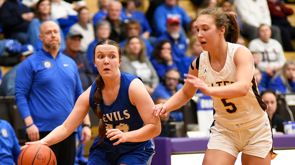The Alter High School girls basketball team beat Brookville 30-24 in a Division IV regional semifinal game on Tuesday, March 3, 2026 at the Vandalia Butler Student Activity Center. GEOFF NEVILLE / STAFF