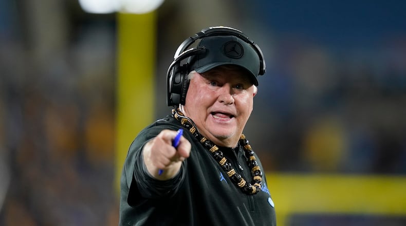 UCLA coach Chip Kelly gestures during the first half of the team's NCAA college football game against California, Saturday, Nov. 25, 2023, in Pasadena, Calif. (AP Photo/Ryan Sun)