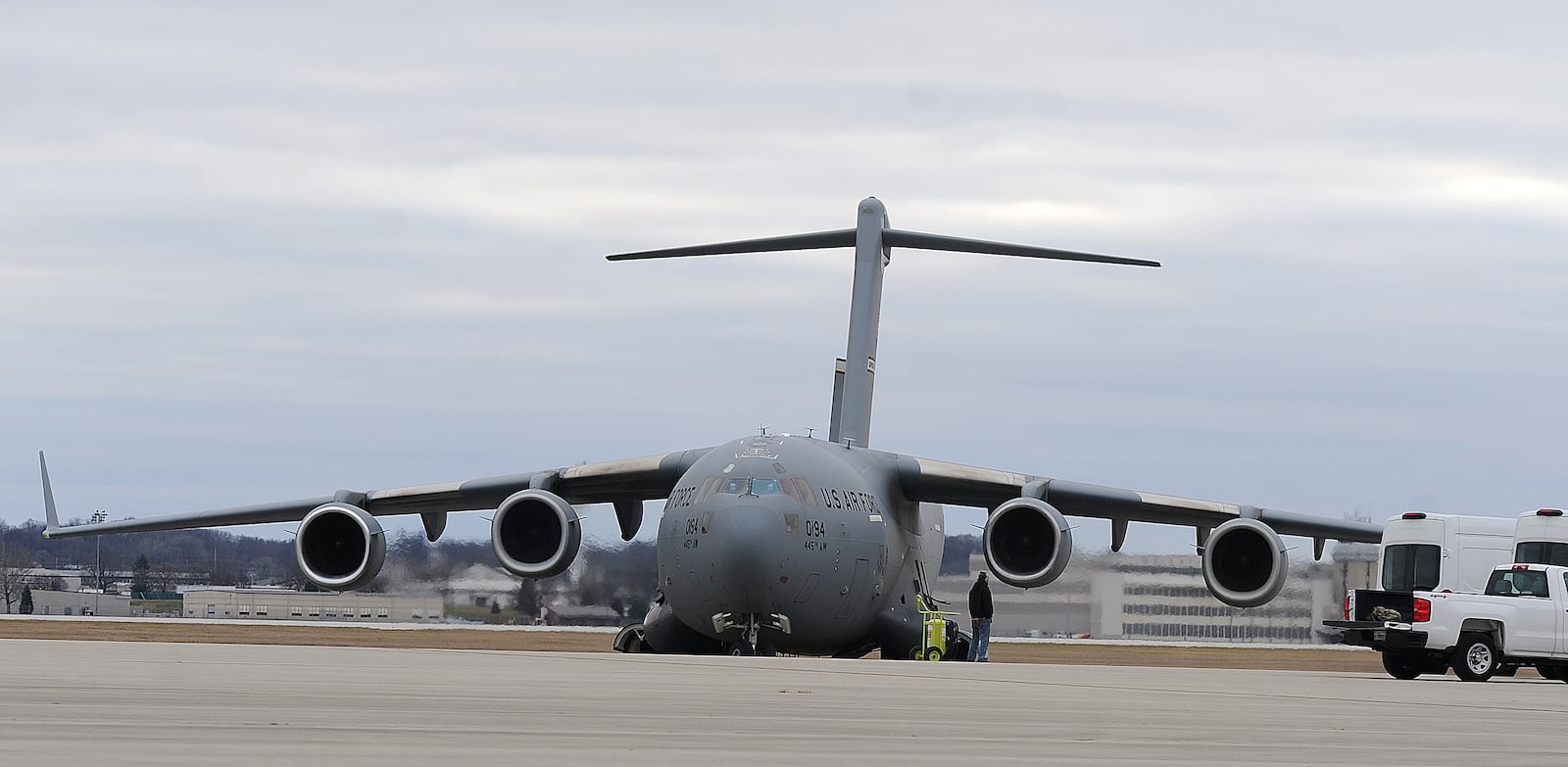 A C-17 Globemaster cargo plane, with Airmen returned Thursday, Jan. 4, 2024 to Wright-Patterson Air Force Base from more than two months deployed at an undisclosed location. MARSHALL GORBY\STAFF