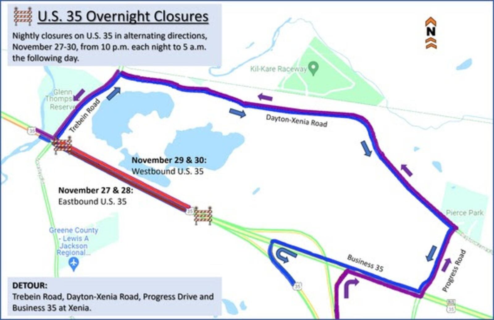 U.S. 35 will have multiple overnight closures impacting eastbound and westbound traffic this week as working continues on the overpass bridge in Greene County. Image courtesy the Ohio Department of Transportation.