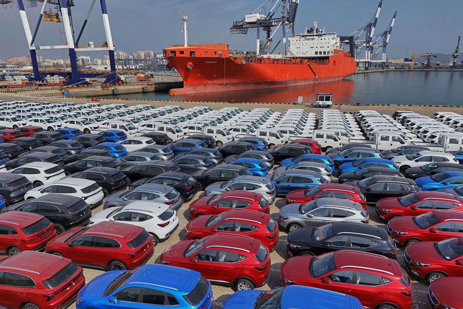 Aerial view of a ro-ro terminal for vehicle shipment in Yantai in eastern China's Shandong province, Thursday, April 3, 2025. (Chinatopix Via AP) CHINA OUT