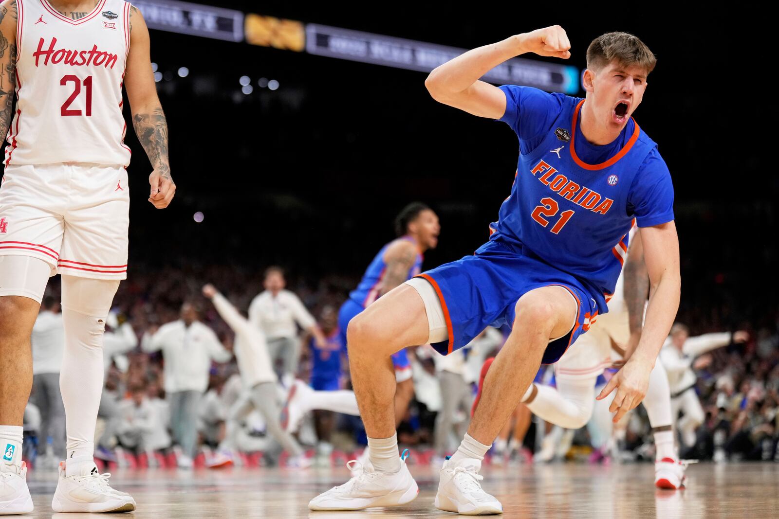 Florida forward Alex Condon celebrates after their win against the Houston in the national championship at the Final Four of the NCAA college basketball tournament, Monday, April 7, 2025, in San Antonio. (AP Photo/Brynn Anderson)