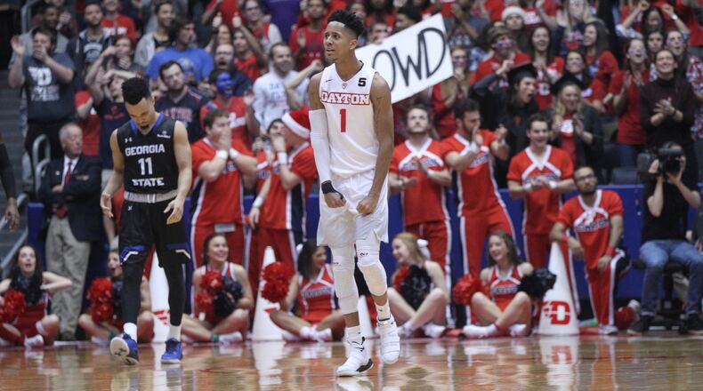 Dayton’s Darrell Davis reacts after a basket against Georgia State on Saturday, Dec. 16, 2017, at UD Arena. David Jablonski/Staff