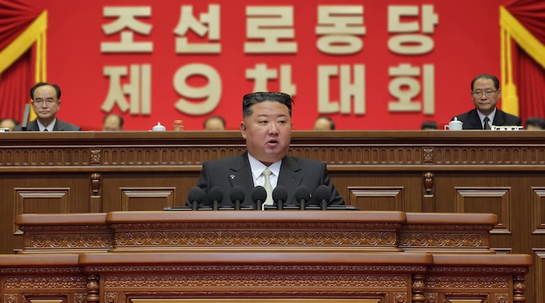 This photo provided on Friday, Feb. 20, 2026, by the North Korean government, North Korean leader Kim Jong Un delivers a speech during the ruling Workers’ Party Congress in Pyongyang, Thursday, Feb. 19, 2026. Independent journalists were not given access to cover the event depicted in this image distributed by the North Korean government. The content of this image is as provided and cannot be independently verified. Korean language watermark on image as provided by source reads: "KCNA" which is the abbreviation for Korean Central News Agency. (Korean Central News Agency/Korea News Service via AP)