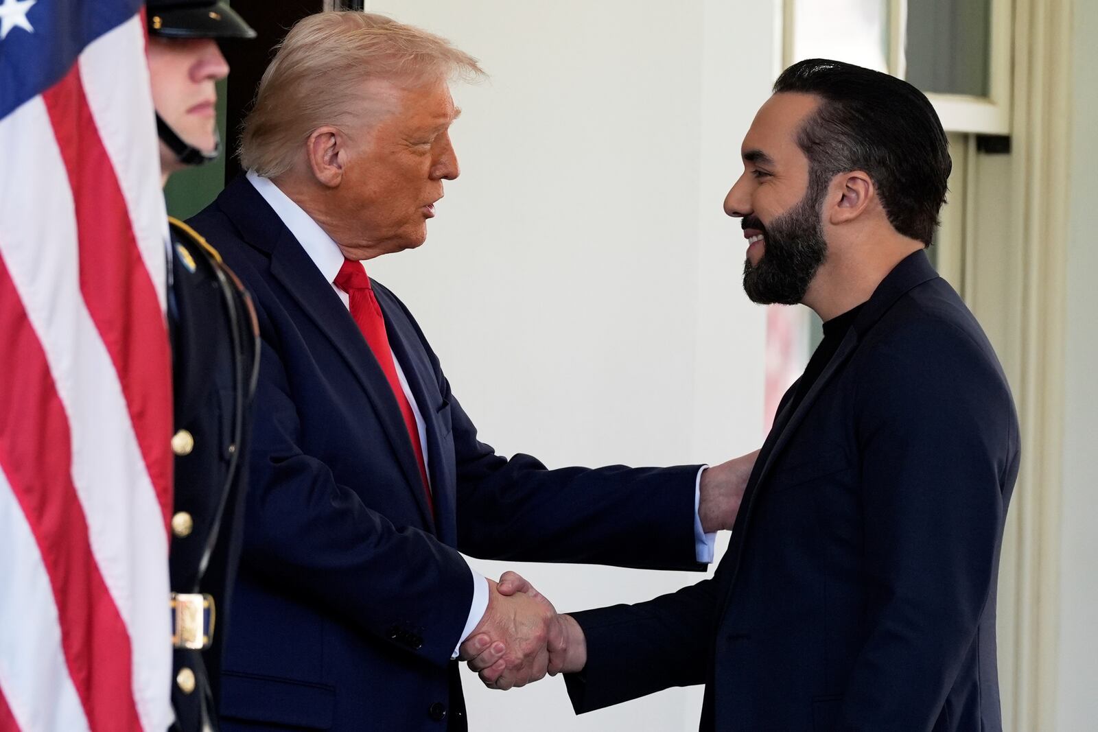 President Donald Trump greets El Salvador's President Nayib Bukele as he arrives at the West Wing of the White House, Monday, April 14, 2025, in Washington. (AP Photo/Alex Brandon)