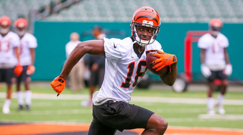 Bengals wide receiver A.J. Green (18) participates in a team practice at Paul Brown Stadium, Tuesday, June 13, 2017. GREG LYNCH / STAFF