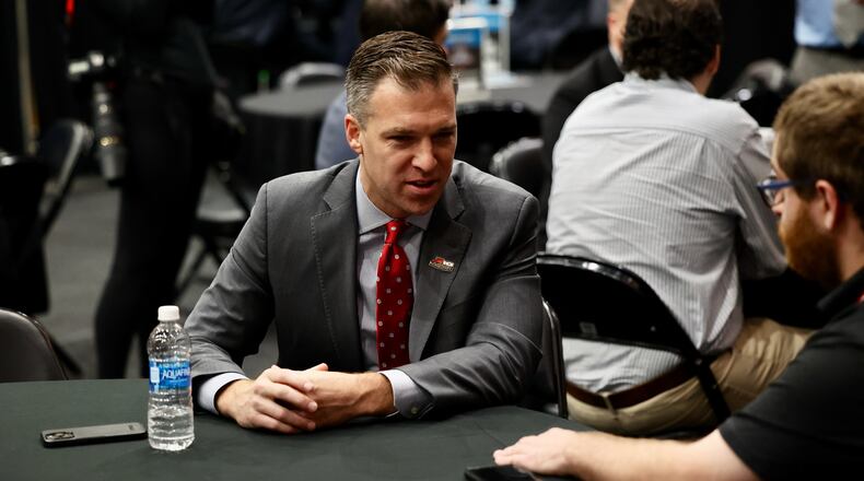 Davidson coach Matt McKillop talks to reporters at Atlantic 10 Conference Media Day on Thursday, Oct. 13, 2022, at the Barclays Center in Brooklyn, N.Y. David Jablonski/Staff