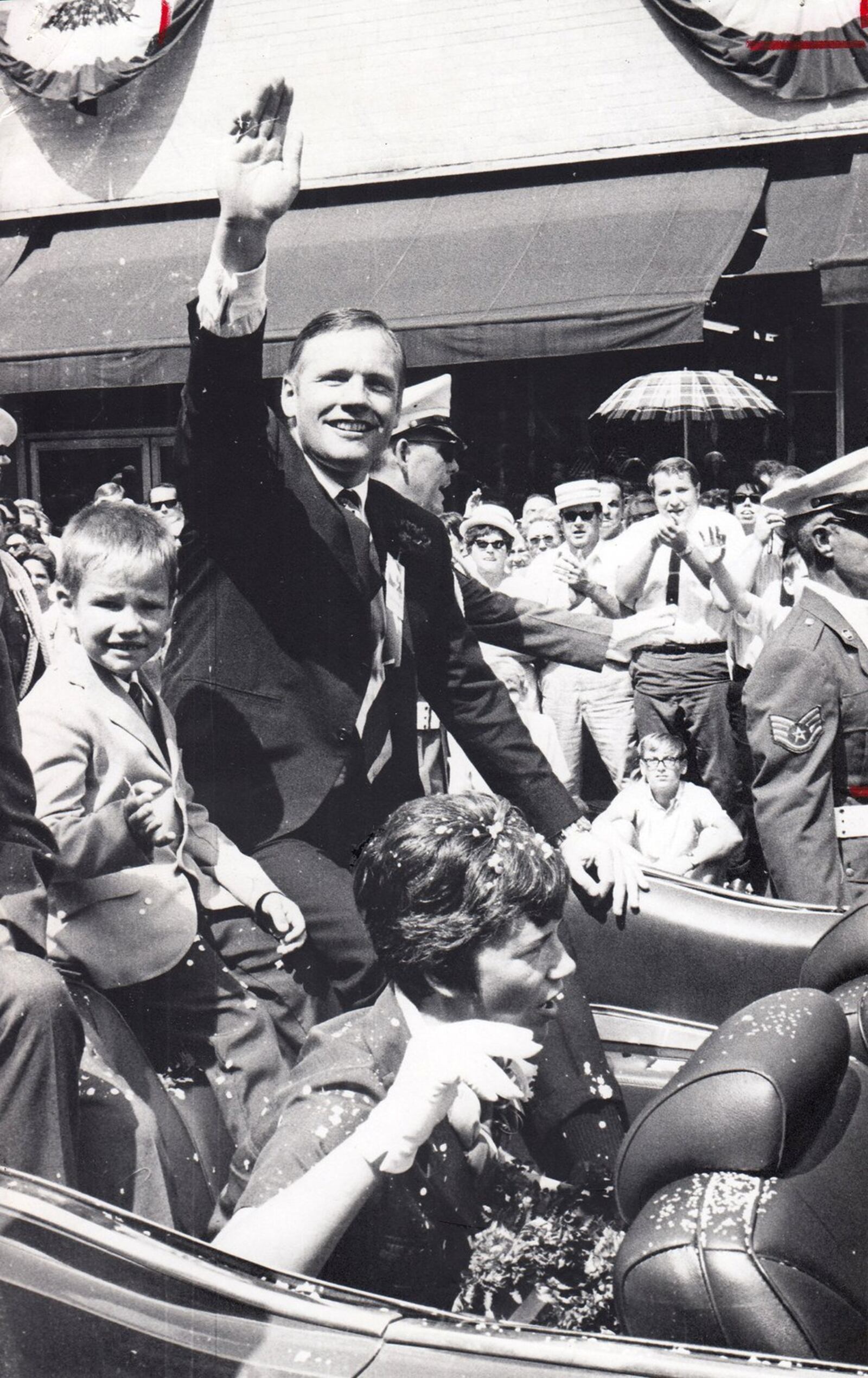Neil Armstrong waves to the crowd during a parade through Wapakoneta, his hometown, on Sept. 6, 1969 celebrating the historic moon landing. DAYTON DAILY NEWS / WRIGHT STATE UNIVERSITY SPECIAL COLLECTIONS