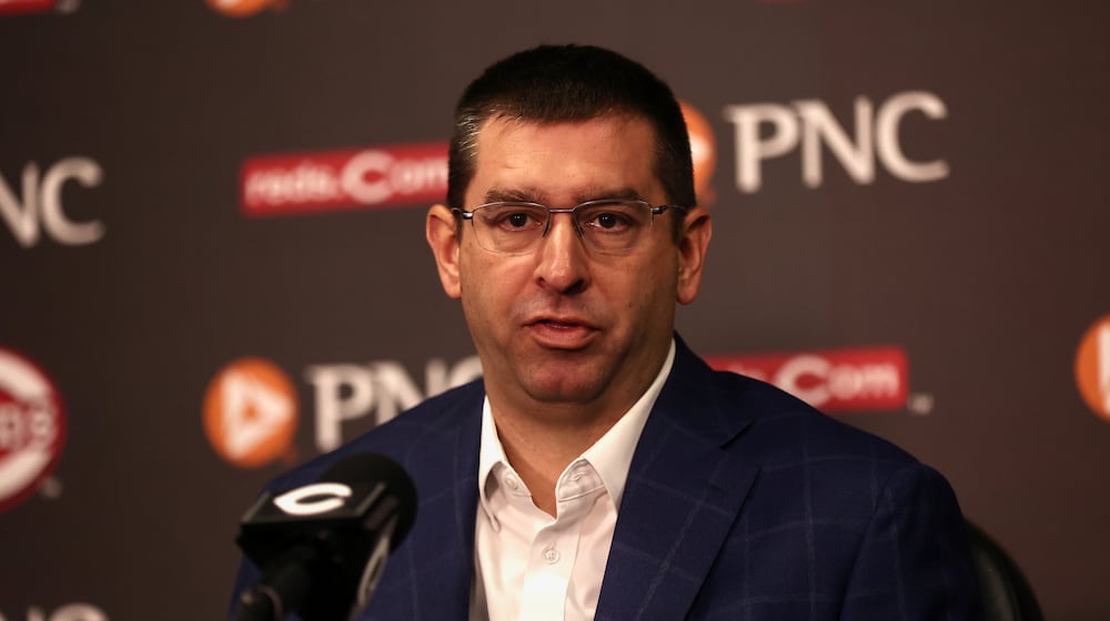 Reds General Manager Nick Krall speaks at a press conference on Monday, Sept. 23, 2024, at Great American Ball Park in Cincinnati after the firing of manager David Bell. David Jablonski/Staff