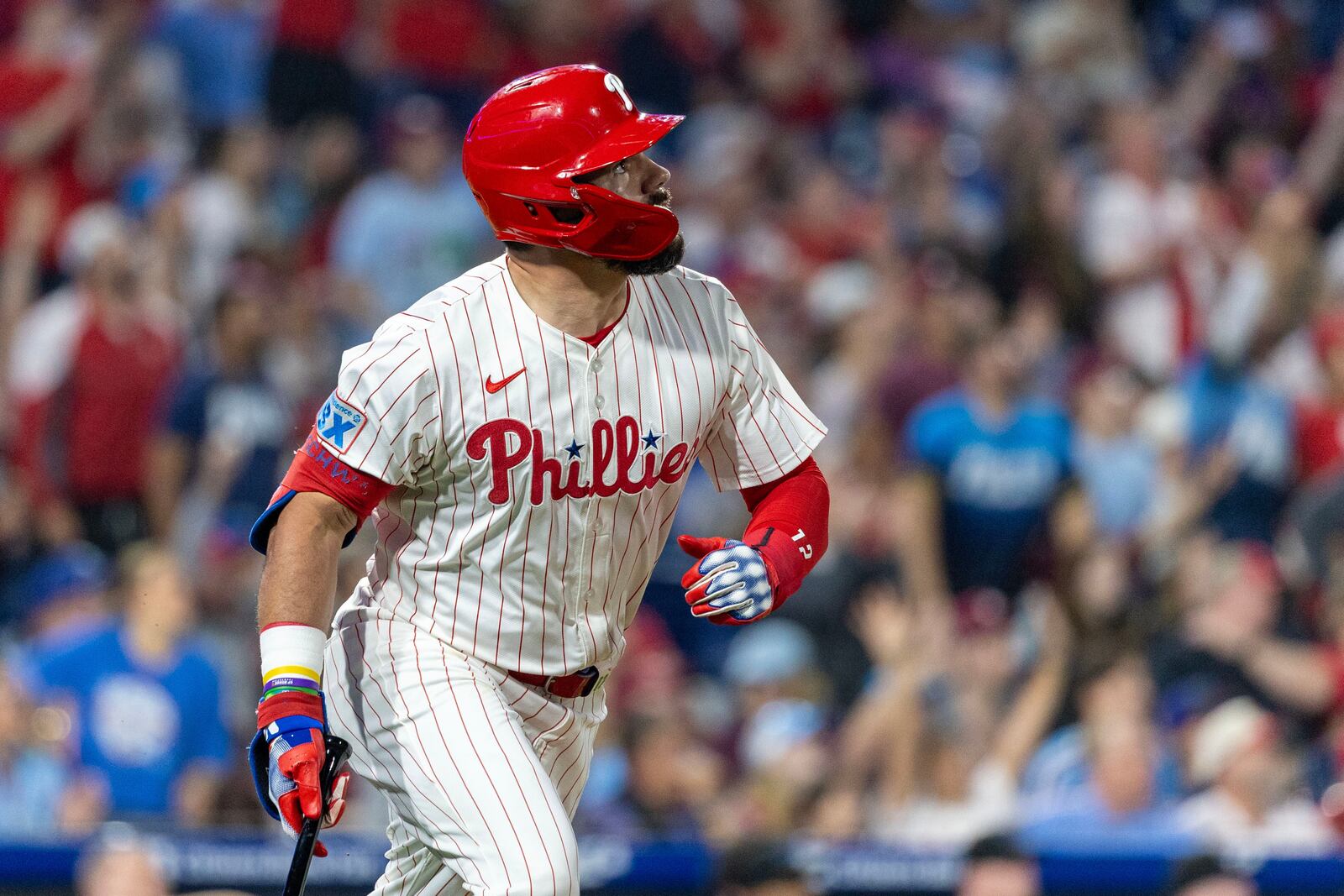 Philadelphia Phillies designated hitter Kyle Schwarber watches his ball after hitting a solo home run in the third inning of a baseball game against the Miami Marlins, Wednesday, Sept. 24, 2025, in Philadelphia. (AP Photo/Laurence Kesterson)