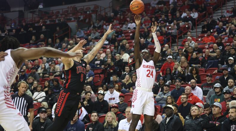 Dayton's Kobe Elvis shoots against UNLV in the first half on Tuesday, Nov. 15, 2022, at the Thomas & Mack Center in Las Vegas, Nev. David Jablonski/Staff