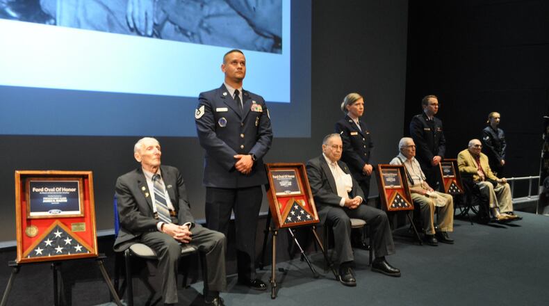 Four area veterans were inducted into the Ford Oval of Honor at the Air Force Museum on Thursday. From left to right they are: Army Airborne Pfc. James H. “Pee Wee” Martin and Army Pfc., Army Pfc. Albert L. Carr, Navy Radioman 1st Class Marion Adams, and Army Pfc. Lawson Adkins.