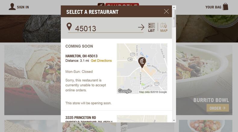 A search of Chipotle's website shows a new location coming to Hamilton.