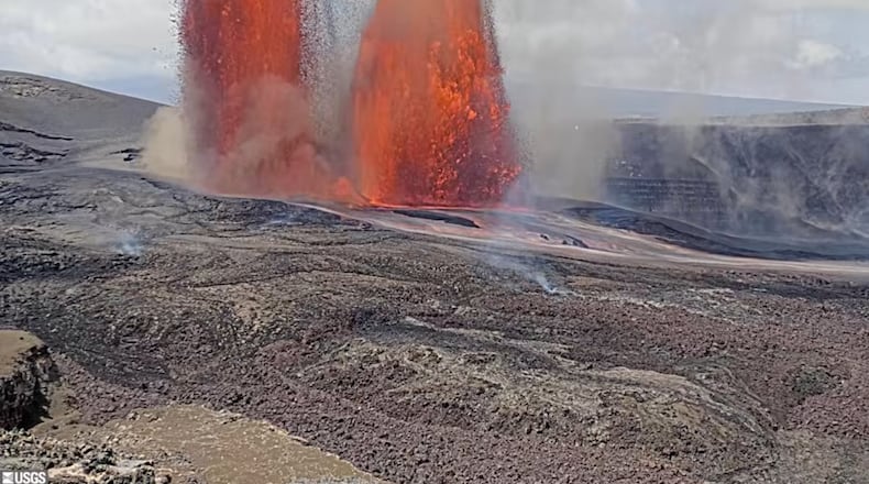 This image from video by the United States Geological Survey shows lava erupting from Kilauea volcano on Tuesday, March 10, 2026, in Hawaii Volcanoes National Park, Hawaii. (USGS via AP)