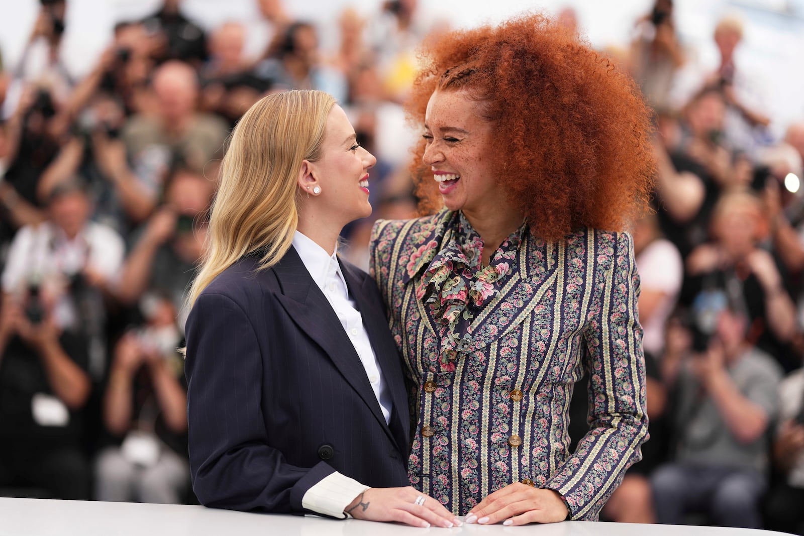Director Scarlett Johansson, left, and Erin Kellyman pose for photographers at the photo call for the film 'Eleanor the Great' at the 78th international film festival, Cannes, southern France, Wednesday, May 21, 2025. (Photo by Scott A Garfitt/Invision/AP)