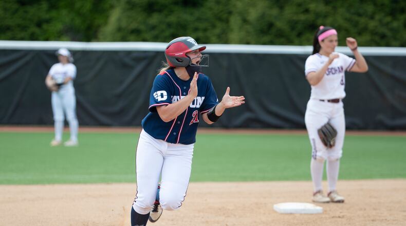 Dayton's Megan Gist celebrates after a home run in the third inning against Fordham in the A-10 tournament on Friday, May 14, 2021, in Philadelphia, Pa. Photo by Mitchell Leff, Atlantic 10 Conference