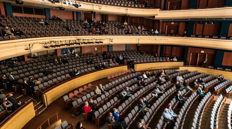 A socially-distanced audience enjoys a live in-theater performance at the Schuster Center. CONTRIBUTED/ANDY SNOW