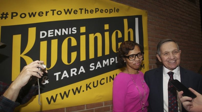 Akron City Councilwoman Tara Samples (left) and former U.S. Representative Dennis Kucinich talk to the media after Kucinich announced Samples as his running mate for Ohio governor at the Burning Bush church Friday, Jan. 19, 2017. Karen Schiely/The Akron Beacon Journal