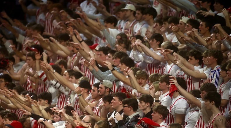 Miami fans in the student section cheer during a game against Ohio on Friday, Feb. 13, 2026, at Millett Hall in Oxford. David Jablonski/Staff