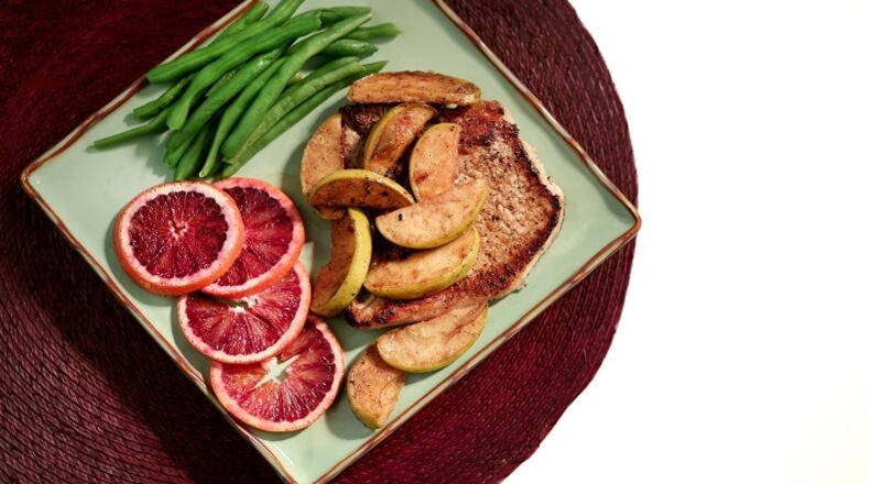 Cinnamon-Apple Pork Chop photographed in the St. Louis Post-Dispatch photo studio on Wednesday, March 21, 2018, in St. Louis, Mo. (Nikos Frazier/St. Louis Post-Dispatch/TNS)