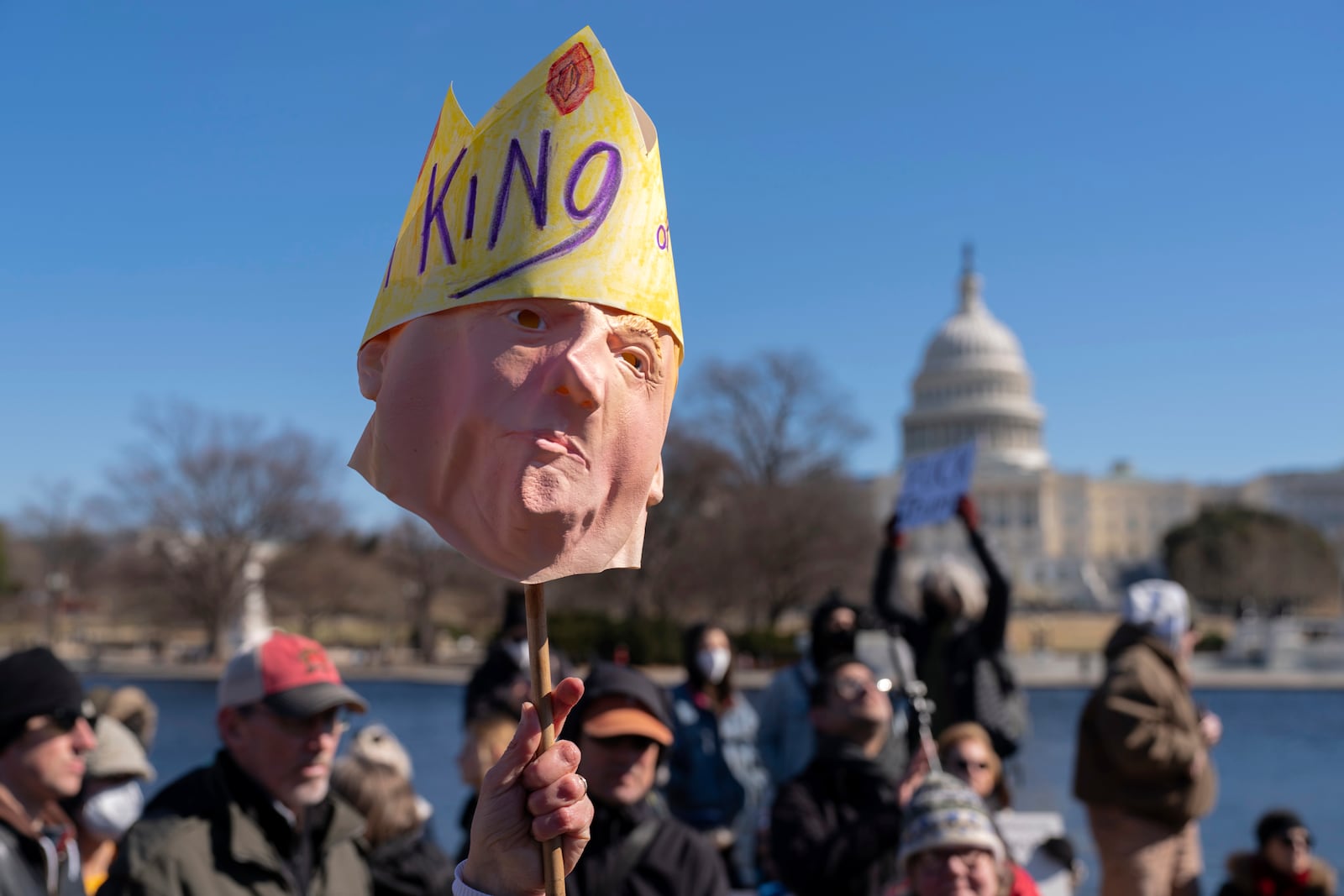 FILE - People take part in the "No Kings Day" protest on Presidents Day in Washington, in support of federal workers and against recent actions by President Donald Trump and Elon Musk, Monday, Feb. 17, 2025, by the Capitol in Washington. (AP Photo/Jose Luis Magana,File)