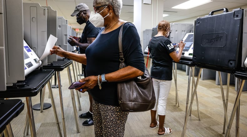 Darline Long votes early with friends at the Montgomery County Board of Election Wednesday July 6, 2022. JIM NOELKER/STAFF