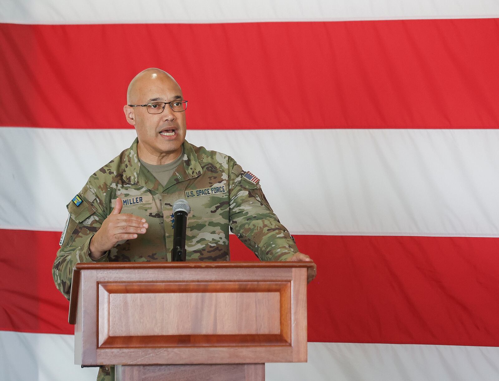 Lieutenant General David N. Miller Jr. speaks during a ribbon-cutting ceremony for the opening of a new U.S. Space Force Combined Intelligence Operations floor, the Space Intelligence Production Cell, on Friday, September 26, 2025, in Springfield. JOSEPH COOKE/STAFF