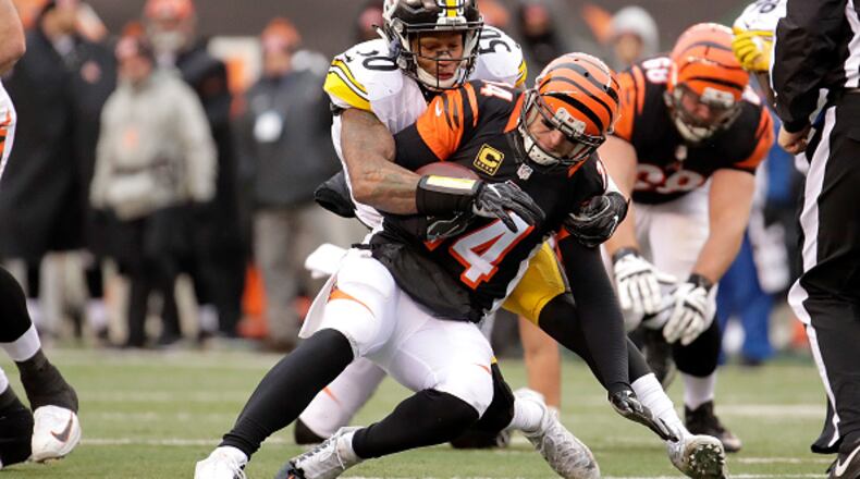 CINCINNATI, OH - DECEMBER 18: Ryan Shazier #50 of the Pittsburgh Steelers sacks Andy Dalton #14 of the Cincinnati Bengals during the third quarter at Paul Brown Stadium on December 18, 2016 in Cincinnati, Ohio. (Photo by Andy Lyons/Getty Images)