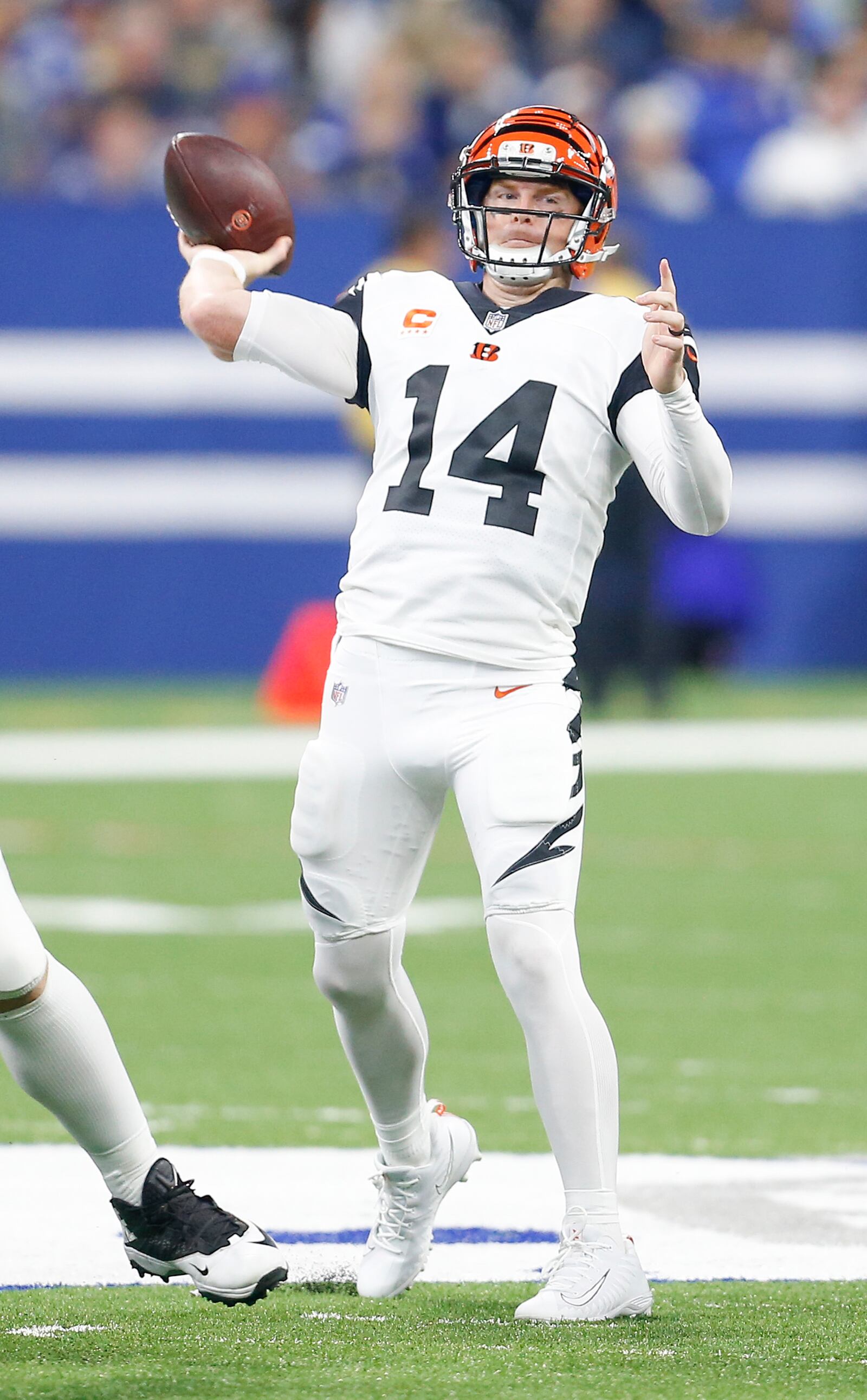 Cincinnati Bengals quarterback Andy Dalton (14) throws a touchdown pass in the first half against the Indianapolis Colts on Sunday, Sept. 9, 2018 at Lucas Oil Stadium in Indianapolis, Ind. (Sam Riche/TNS)