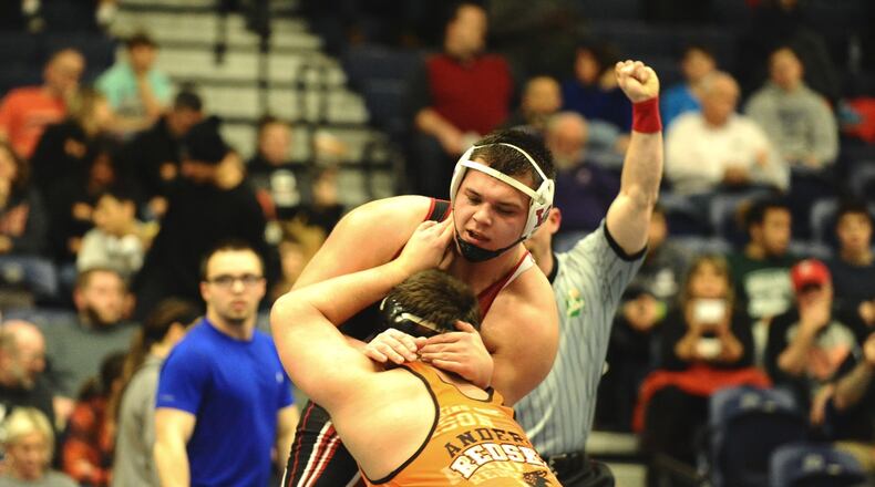 Wayne junior Jacob Padilla won the 285-pound title Saturday at the Division I district meet to improve to 38-0 this season. Greg Billing/CONTRIBUTED