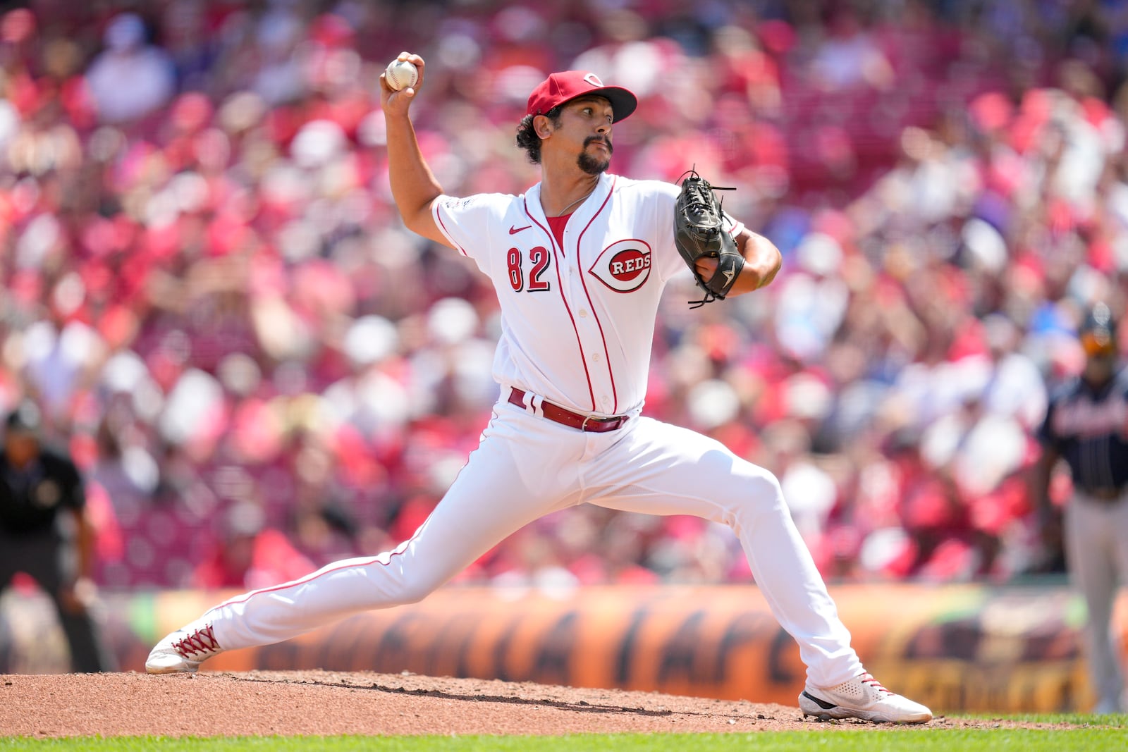 Cincinnati Reds relief pitcher Randy Wynne throws against the Atlanta Braves in the fourth inning of a baseball game Sunday, June 25, 2023, in Cincinnati. Sunday was Wynne's MLB debut. (AP Photo/Jeff Dean)