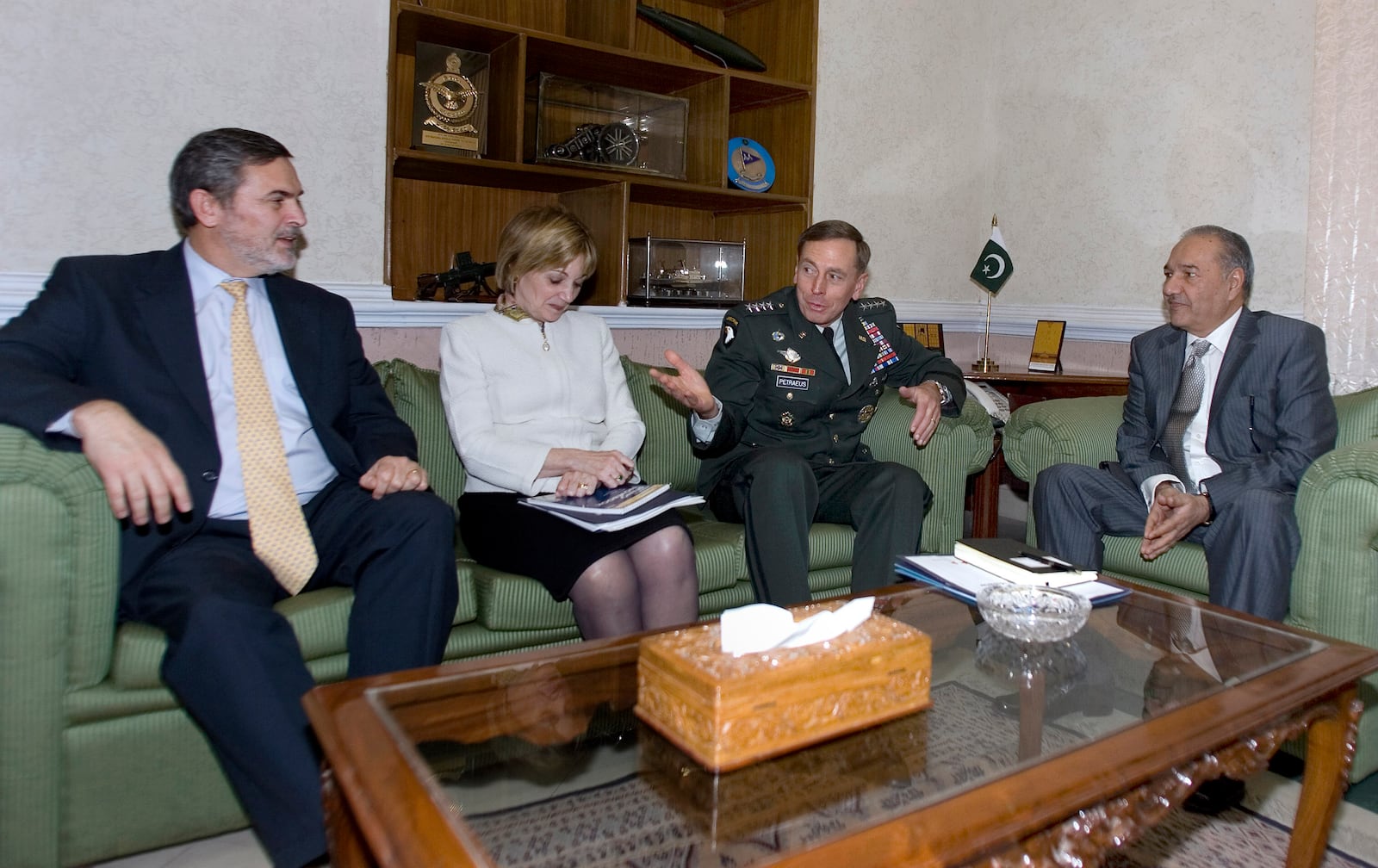 FILE - From left, U.S. Assistant Secretary of State Richard Boucher, U.S. ambassador to Pakistan Anne W. Patterson and U.S. Central Command General David Petraeus speak with Pakistan's Defense Minister Chaudhry Ahmed Mukhtar, right, during their meeting in Rawalpindi, Pakistan on Nov. 3, 2008. AP Photo/Anjum Naveed, File)