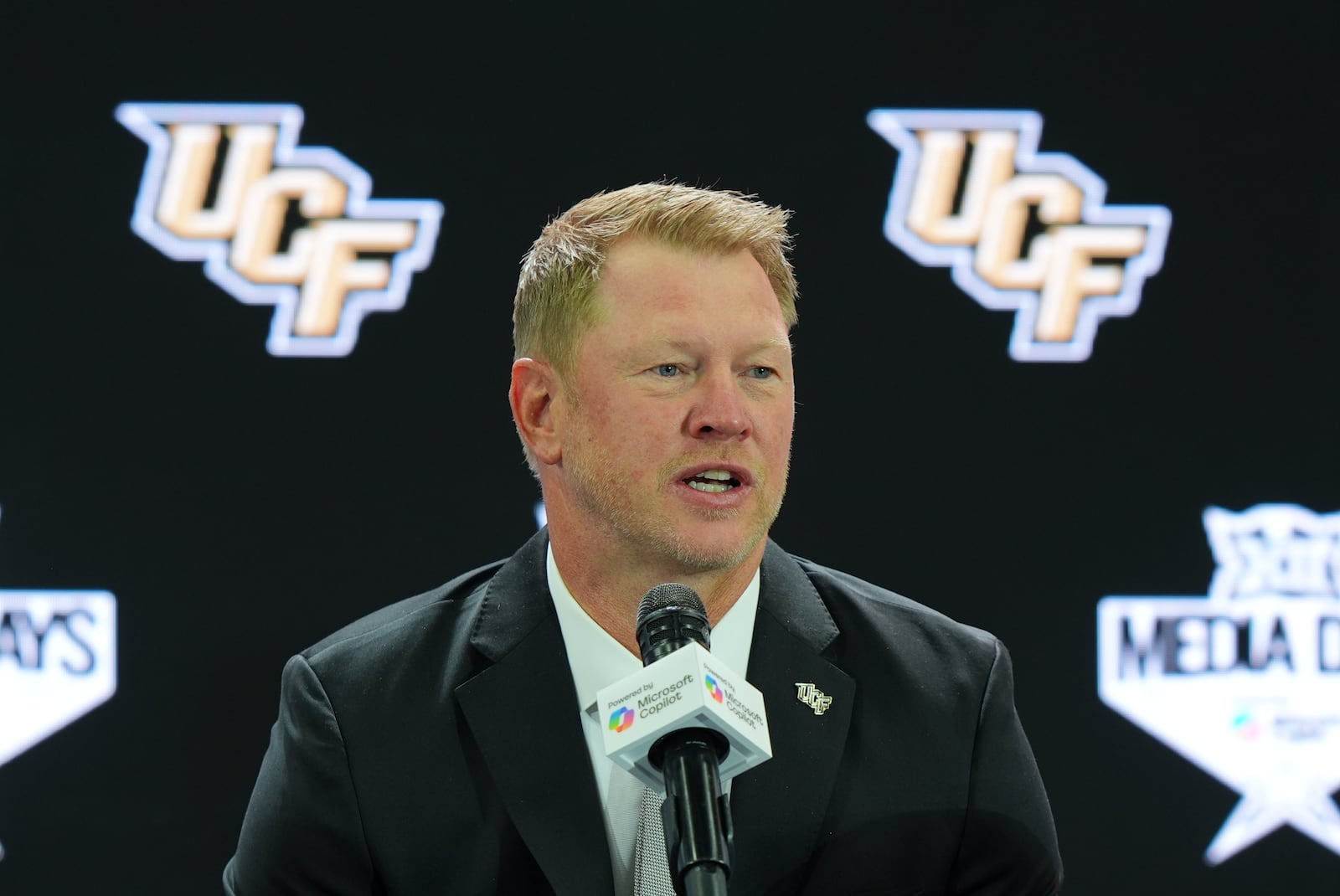 UCF head coach Scott Frost speaks during the Big 12 NCAA college football media days in Frisco, Texas, Tuesday, July 8, 2025. (AP Photo/LM Otero)